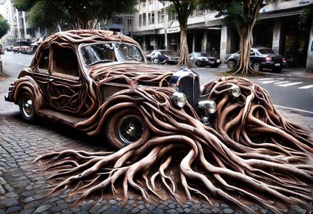 morph-treeroots , vintage car,polished chrome details,classic style design,in city,photography<lora:tree roots_0_100_V1-000008:1>