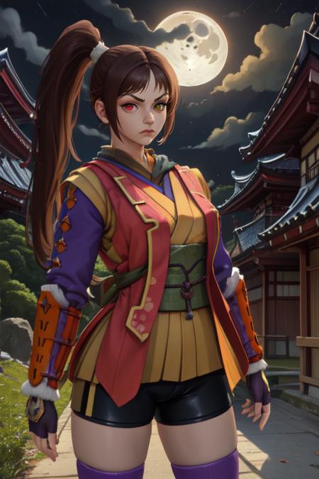 Akane,brown hair,heterochromia,ponytail,side ponytail, mean face, 
looking at viewer,  
toeless legwear,thighhighs,armor,fingerless gloves, bike shorts,scarf,
 upper body, 
from above, standing, Japanese building,nighttime,moon,Sengoku period, wall, 
(insanely detailed, beautiful detailed face, masterpiece, best quality) 
 <lora:AkaneYagyu-10v4:0.7>