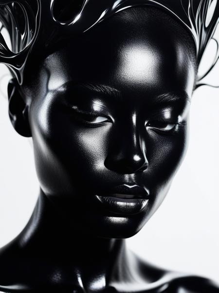 A mesmerizing close-up illustration depicts a woman metamorphosed by enigmatic forces from black liquid oil, showcasing smooth lines and an exquisite interplay of light and shadow. This fantastically bright creation, while seemingly simple, holds intricate layers of meaning. The artwork captivates with its intricate beauty, emphasizing minute elements, and as the light gracefully falls, it crafts an even more captivating image. High-quality detailing and finesse are evident throughout, creating a truly enchanting piece.