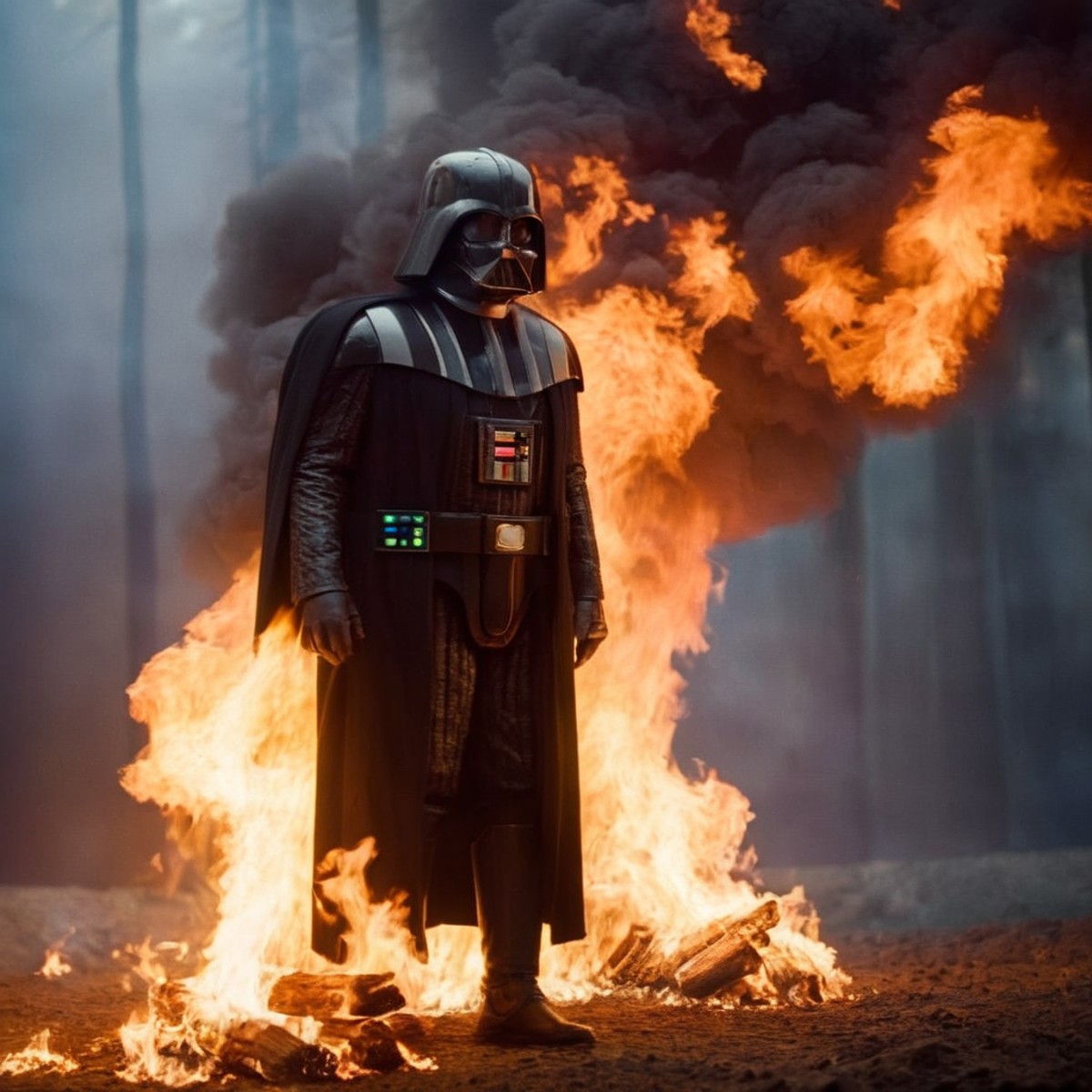 cinematic film still of  <lora:Darth Vader:1.5>
Darth Vader a man is set on fire burned alive with fire everywhere in star...