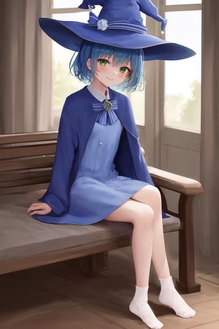 masterpiece, best quality, sharon, 1girl, witch hat, blue hair, short hair, green eys, full body, sharon, 1girl, witch hat, blue hat, blue robe, smile, one eye open, blue hair, short hair, brooch, flower hat decoration, blue ribbon, small dress, white dress, blue bow, green eyes, indoors, sitting on bench, bare legs,