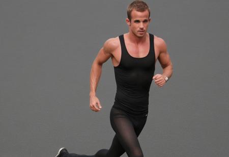 Homoerotic full body photograph of Cam Gigandet a man <lora:Cam-Gigandet:0.9>, <lora:SMUXL:1>, smusmu, black sheer see-through tights, marathon running in street, full body, HDR, high quality, chest,
