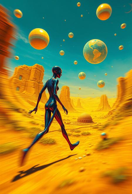 Dynamic motion: elongated figure walking through a surreal, biomechanical landscape. Vivid electric colors, blurred lines, action pose. Floating spheres, glowing orbs, infinite sky, gold, blue, bronze hues, cosmic symbolism.