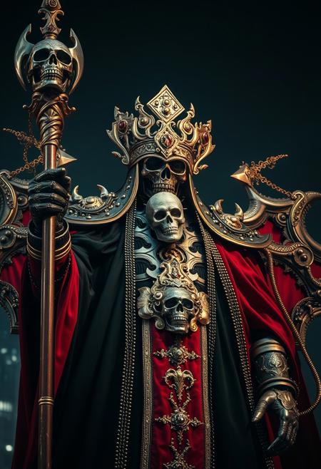 , 16k, raw, (ultra high picture quality), (intricate details), extremely realistic, ultra sharp focus, ((bottom lit/)/(underlighting)), full body,  epic view, ((dynamic photograph of a giant macabre riveted chrome and gold mechanical deity ) (tall jewelled mitre crown) (black and red smock), (holding a long magical pike sceptre, stylized sceptre of power with a black skull at the top), ( is destroying the city)), (outside in seige of souls), dealers of death, staring into the dark abyss, zoomed in, harbinger of sorrow, 
[horror , (double exposures), (low opacity overlays), nighttime, outdoor] , chaos background