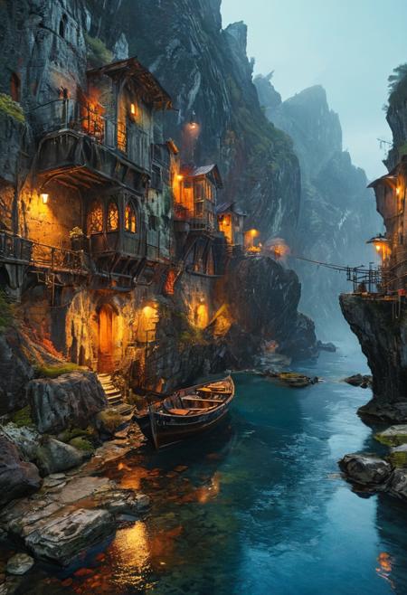 cinematic a sprawling, intricate city built into a rocky cliffside, illuminated by warm, glowing lights. The architecture is a blend of medieval and steampunk styles, with wooden structures, metal gears, and pipes. A waterfall cascades down the center, adding a dynamic element to the scene. In the foreground, a small boat with two figures navigates the water, surrounded by jagged rocks. The sky is overcast, with a hint of sunlight breaking through, casting a mystical ambiance. The overall color palette is a mix of earthy tones and cool blues, enhancing the fantastical atmosphere., monet,  oil painting, fr4z3tt4