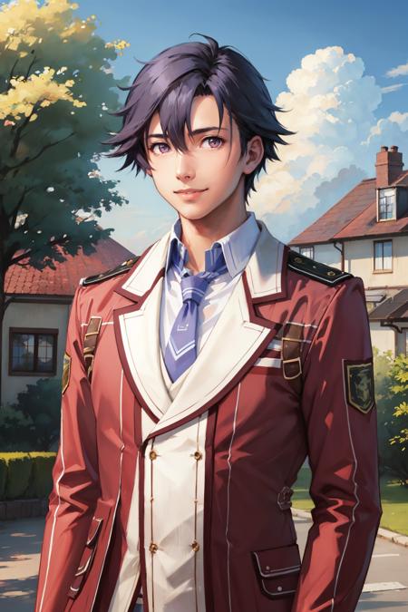 masterpiece, best quality, rean schwarzer, sen1rean, school uniform, necktie, black pants, upper body, smile, looking at viewer, town, houses, sky, clouds, trees <lora:rean-nvwls-v1:1>