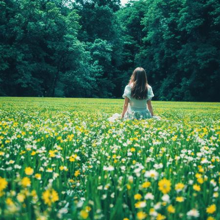 masterpiece,ultra realistic,32k,extremely detailed CG unity 8k wallpaper,best quality,(1girl),(green field:1.2),blue,(film overlay, film grain:1.3),(high contrast, dim light),
<lora:JPfilmColor_Heavy_grain:0.55>,