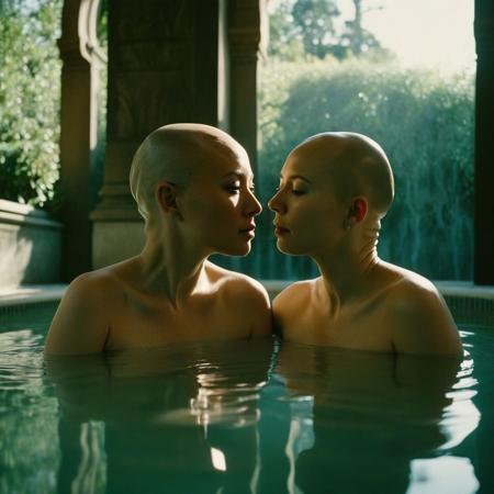 Analog nude full body portrait photograph, 2girls, nude, (1girl beautiful elegant chubby 40yo Asian woman, shaved head )(shiny scalp)(bald head:2), caressing head of (1girl, beautiful petite pale freckled redhead 28yo white woman), in pool of ornate huge Moorish Bath, columns, skylights, shot from below, dark chiaroscuro lighting, rich dark cool reds and pale nuetral colors in background, 35mm, realistic, Cinematic Hollywood Film style, high detail, detailed eyes, detailed skin texture, (blush:0.2), (goosebumps:0.3), subsurface scattering, highly detailed skin, skin imperfections, mole, dirty skin, sweat, scar, atmospheric, dramatic, erotic, sensual, rich dark colors, deep shadows, masterpiece, harmonious, vignette, 4k epic detailed, shot on kodak, 35mm photo, sharp focus, high budget, cinemascope, moody, epic, gorgeous, film grain, asz, portrait photo, Art style by Ingres