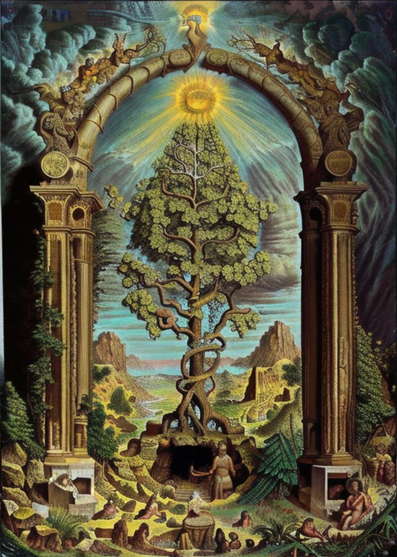 A mural of a tree with a man underneath it, surrounded by pillars and a sun in the background.