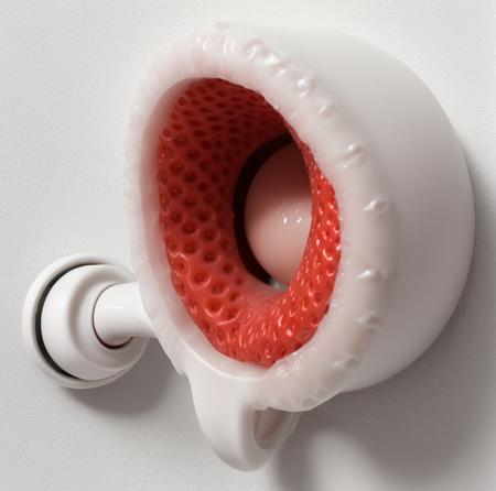 fleshlight detailed product in front of a white wall, orifice is shaped like a strawberry