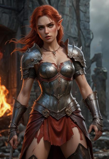 High resolution ultra-realistic of Beautiful Warrior Elf girl, 8k, capturing the intensity of the moment, cinematic lighting, standing on a bloody and stormy battlefield in bloody battle, wavy red hair, realistic dirty pale face, realistic dark brown eyes,  beautiful hourglass figure, burning in a medieval Town, intricately designed iron and silver armor, red mini skirt, LOTR Aesthetic, perfect athletic figure, beautiful Warrior elf girl, fire, ultra realistic, cinematic style, vigorous and seductive, athletic figure, dark fantasy, dramatic lighting, wet and sweaty skin, dirty skin, athletic figure, dark fantasy, dramatic lighting, Greg Rutkowski style,, Warrior Elf girl on in iron armor, hyper-detailed, hyper-realistic, bright colours, Attractive 21 old years girl, Attractive, beautiful firm Breasts, sharp focus, digital painting, Photograph Taken on Nikon D750, Alphonse Mucha, 8K, athletic figure, Hyperdetailed, hyperrealism, Attractive, Attractive bust girl, asymmetric balance