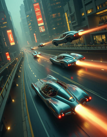 In a sprawling retro-futuristic city, bathed in the soft glow of neon and starlight, sleek rocket-powered cars cruise the streets, embodying the bold optimism of the 1950s vision of the future. These cars are masterpieces of streamlined design—gleaming chrome and polished steel, their aerodynamic shapes inspired by the cutting-edge ideals of speed and style. With their long, sweeping curves and sharp, pointed tails, each vehicle appears poised for liftoff, blending function with high-fashion. The rocket engines mounted at the rear emit a soft blue glow, faint trails of exhaust vapor curling in the air as they glide just above the pavement, leaving shimmering arcs of light in their wake.

The roads are wide and expansive, designed to accommodate these futuristic speed machines. Elevated highways twist through the city, weaving between towering skyscrapers with smooth, organic forms, some resembling giant shells or sleek fins. The rocket-cars race above, their polished surfaces reflecting the changing hues of neon advertisements, which flicker across the towering billboards like the pulse of a living city. Each car seems a tribute to mid-century dreams of interplanetary travel, with bubble canopies offering a clear view of the drivers inside—dressed in fashionable, sharp suits and futuristic headgear, their faces illuminated by the soft glow of dashboard instruments that look as though they belong on a spacecraft.

Pedestrians on the ground look up in awe as the cars zoom by, their engines emitting a soft, melodic roar. These cars are more than mere transportation—they are symbols of the future, an age where style and function are perfectly intertwined, and the sky is no longer the limit.