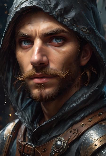dark fantasy,rpg character_portrait,(ultra realistic:1.3),(best_quality:1.3),(illustration:1.1),(hyper_detailed:1.1),(high_quality:1.1),masterpiece,intricate_details,ultra_detailed,male-focus,(1-auburn-haired-gnome:1.1),(rogue thief:1.1),(wearing black leather thieves clothing:1.4),(gnome race:1.1),young,(male:1.5),(blue eyes:1.3),(bulbous pose:1),(pointed ears:1.3),fantasy village,(serious:1.2),(very broad nose:1.2),(night:1.1),snowing,(outside tavern:1.1),(lanterns:1.1),(hood:1.3),(short trim beard & mustache:1.3),portrait,fixl-art,3/4 profile,<lora:SDXLFaeTastic2400:1>,<lora:more_details:1>,(from above:1.2),(looking at viewer:1.1),<lora:LaxpeintXL-2.0:0.7>,