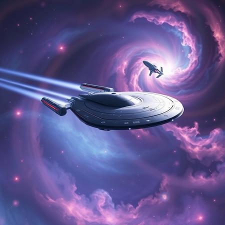 Starship Odyssey - A majestic starship gliding through a beautiful, swirling nebula, with ethereal light trails following its path and reflecting off its sleek, mirrored surface.