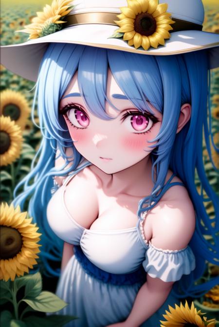 1girl, sun flower, blue hair, sun dress, flower field, gold trim, long hair, pink eyes, hat, from above, cleavage,