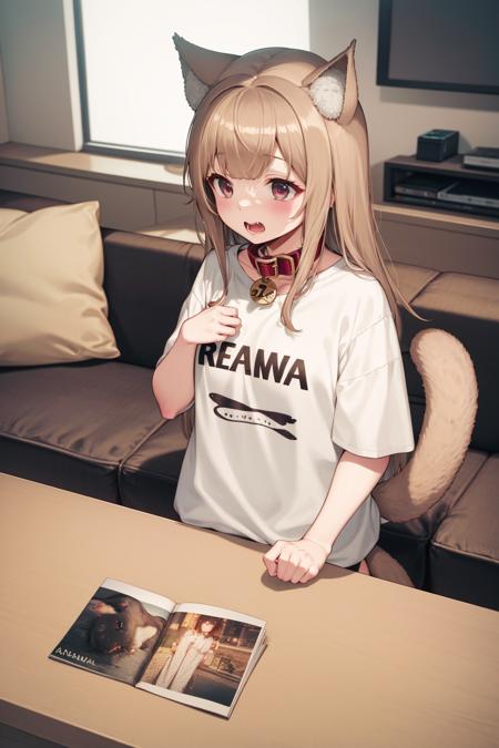 40hara, masterpiece, best quality, 1girl, cat girl, brown hair, cat ears, cat tail, oversized clothes, oversized shirt, write shirt, print shirt, animal collar, red collar, living room
 <lora:40hara_v4_no-noise-offset-000021-32rank:1>