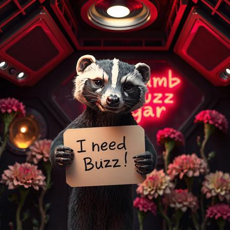 masterpiece, intricate photo, realistic outer space alien animal grinch badger holding a white sign on which is written "I need Buzz!", background interior of a spcecraft, giant alien flowers at the walls, in the background is written in neon letters "Dumb Buzz Beggar", hyper realistic, highly detailed, sharp focus, crepuscular lights in the background, dawn of technology, dark art, gothic art, cyberpunk style, best quality, high resolution, colorful, vibrant colors, cozy indoor lighting, 8K, easypositive, highy quality image, no wrong proportions