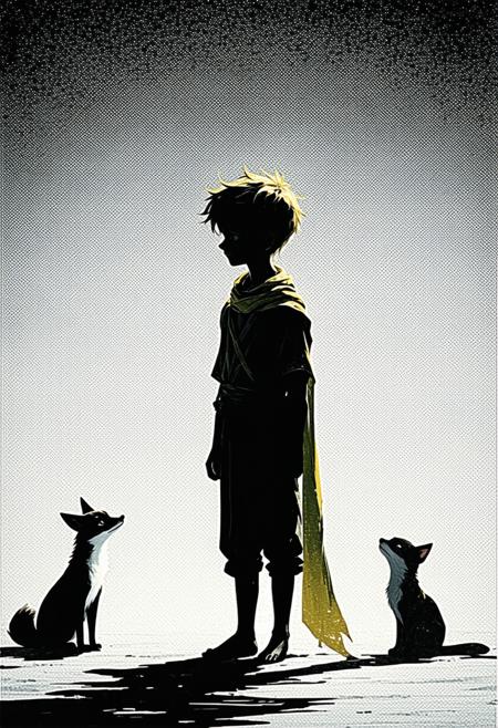 A solitary silhouette of The Little Prince, rendered in a minimalist, impressionistic style. He stands against a flat, midnight black background, illuminated by soft, shimmering white light. He wears a flowing yellow scarf, a textured green cloth garment, and possesses short, blonde hair.  A loyal fox sits attentively at his feet, both forms defined by clear, linear shapes and gentle curves. The composition emphasizes reduction and uniformity, creating a sense of balance and quiet contemplation. Focus on subtle gradients and a dreamlike quality, evoking a poignant memory.