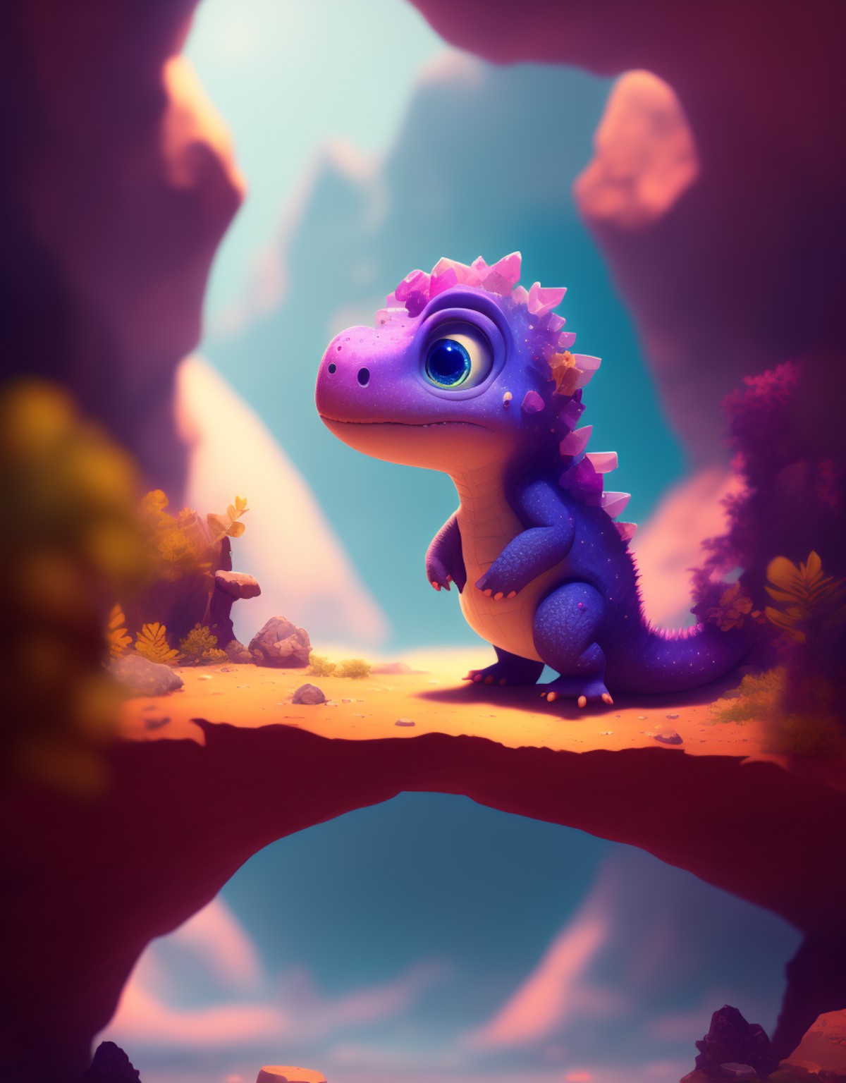 cinematic portrait of a cute dicuki exploring a dark and mysterious cave filled with colorful crystal  beautiful, cute , 4...