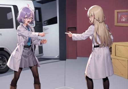 <lyco:pointingspider-08:0.7> pointingspider, long hair, short hair, open mouth, multiple girls, skirt, shirt, 1boy, holding, 2girls, purple eyes, jacket, purple hair, pantyhose, boots, multiple boys, necktie, glasses, pants, virtual youtuber, meme, labcoat