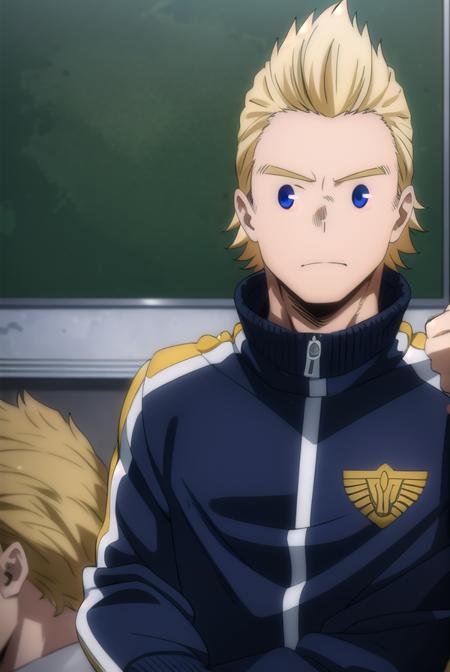 mirio, <lora:mirio-lora-nochekaiser:1>,
mirio, short hair, blonde hair, spiked hair,
BREAK jacket, pants, scar, sleeves rolled up, track jacket, track suit, track pants, scar on arm,
BREAK looking at viewer, upper body,
BREAK indoors, classroom,
BREAK <lyco:GoodHands-beta2:1>, (masterpiece:1.2), best quality, high resolution, unity 8k wallpaper, (illustration:0.8), (beautiful detailed eyes:1.6), extremely detailed face, perfect lighting, extremely detailed CG, (perfect hands, perfect anatomy),