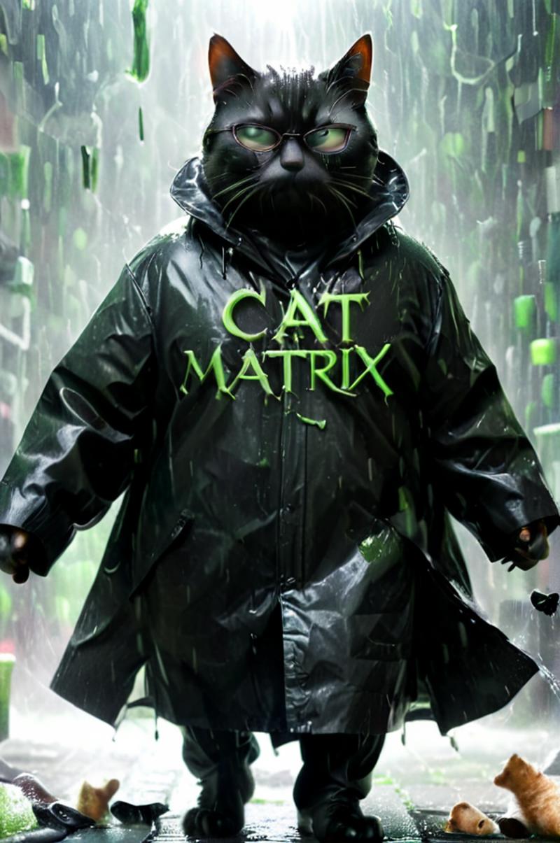 A person wearing a black coat with the words "Cat Matrix" written on it.