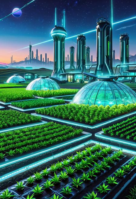futuristic farm landscape, glowing crops with bioluminescent plants, hovering farming drones, sleek metallic irrigation systems, neon-lit greenhouse domes, synthetic soil, sprawling high-tech agriculture fields under a twilight sky, atmospheric sci-fi lighting, ultradetailed, concept art, cinematic view, 420 Futurism style
, 420futurism