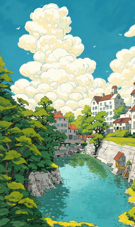 landscape, clouds, sky, outdoors, water, reflections, architecture, waterwheel, no people, stone bridge, boat, cloudy sky, sunset, architecture, reflections of water, fantasy, (illustration:1.0), masterpiece, best quality, <lora:line illustrationa_20230901192549:0.79>