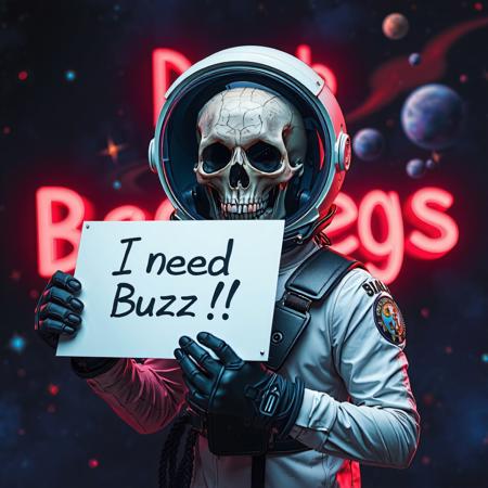 masterpiece, intricate photo, realistic outer space skull astronaut in astronaut suite with helmet and transparent visor holding a white sign on which is written "I need Buzz!", background outer space, stars, galaxies, nebulae, in the background is written in neon letters "Dumb Buzz Beggar", hyper realistic, highly detailed, sharp focus, crepuscular lights in the background, dawn of technology, dark art, gothic art, cyberpunk style, best quality, high resolution, colorful, vibrant colors, studio lighting, high quality image, no wrong proportions, 8K