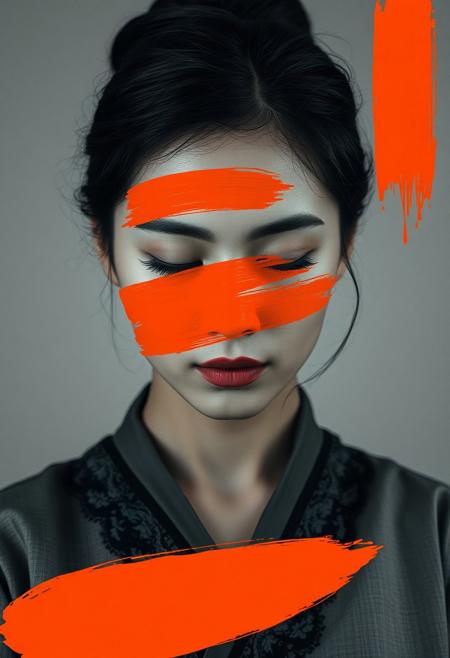 NSFW, (Soft Lighting Photography by Mimoza Veliu and Mario Giacomelli:1.2), Close-up of a woman's portrait, likely a digital composite. 
The woman's face is the central focus.  Her expression is neutral, with her eyes closed.  Large, bold strokes of orange paint are layered across her face, covering parts of her forehead, eyes, and cheeks, creating a stylized effect. Her skin tone is rendered in shades of gray and black.  Her lips are a defined, reddish-pink.
Her hair is pulled back into a bun, dark in tone. 
She wears a traditional-style garment, which is depicted in shades of gray and black.  Subtle details of the fabric, likely embroidery or patterns, are visible. 
The background is a muted, light gray tone.  Other graphic elements and paint-like brush strokes are incorporated in the image, creating an abstract effect particularly on the upper-right and at the sides, maintaining the theme of stylized, abstract shapes and colors., sexy