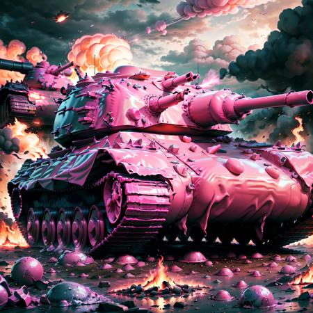 <lora:LatexAIV2:.8> LatexAI_pink   battle tank, on battlefield, fire