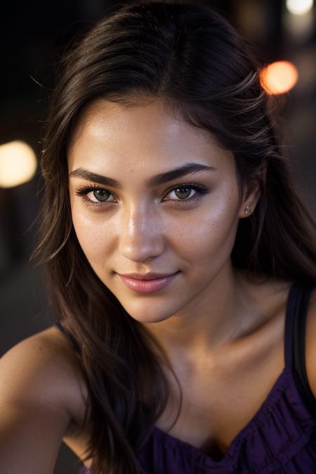 A strong and captivating female warrior with a beautiful face and mesmerizing brown eyes. Her long, brunette hair,(selfie shot, from above:1.4), (half body postrait:1.4), RAW uhd portrait photo of Pretty Europeans woman (brown-eyed Europeans woman) walking down a dark alleyway, natural breasts_b, nighttime city background, (purple sundress), (cleavage), detailed (textures!, hair!, shine, color!!, imperfections:1.1), highly detailed glossy eyes, (looking at the camera), specular lighting, dslr, ultra quality, sharp focus, tack sharp, dof, film grain, (centered), Fujifilm XT3, crystal clear, center of frame, cute face, sharp focus, street lamp, neon lights, bokeh, (dimly lit), low key, at night, (night sky) detailed skin pores, oiled skin, tan, intricate eye detail,smile,in the style of illusory wallpaper portraits, colorful realism, modular, intense close-ups, uhd image, mosaic-inspired realism, ultra high detail, ultra-high resolution , sharp detail, hyper realistic,sharp focus, perfect detail anatomy, perfect detail face , perfect detail , eyes , octane rendering , 8k , masterpiece , best quality,danger atmosphere,serious look,by Diamond