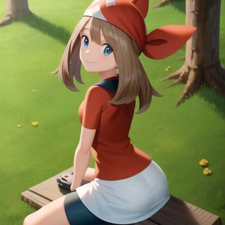 <lora:character_pokemon_may_v3:0.5> forest, 1girl, character_pokemon_may, solo, cowboy shot, sitting, on ground, from behind, from above, (from side), looking at viewer, smile, closed mouth, bandana, shirt, skirt, bike shorts