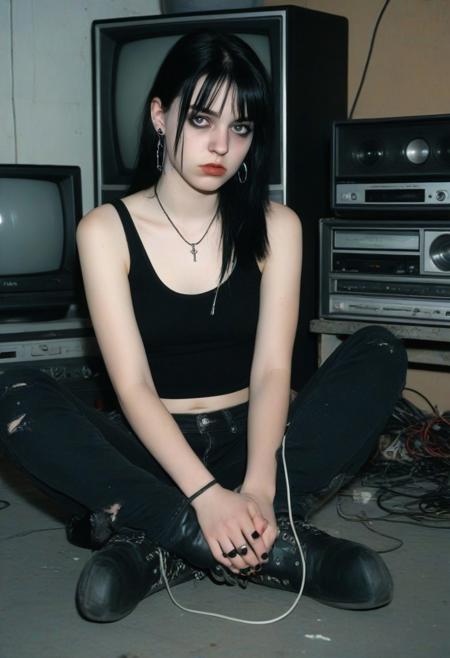 2000's goth girl, retro aesthetic, 4k, detailed, high quality, Fujicolor Superia X-TRA 400 film, 50mm, fine art photography, subtle grain, shallow depth of field. nostalgia, old retro aesthetic, film still, 90s vintage photograph. detailed, masterpiece, photorealistic
An 18-year-old goth girl sits cross-legged on the cold garage floor, back against an old metal shelf, ripped black jeans, unlaced boots, and a cropped tank top layered under a slouchy flannel. Her hands rest on a massive early-2000s VCR crtv tv beside her, its worn and dust-covered. The old tv is turned on but tuned between stations — just soft static fills the space. Her expression is blank but heavy, lips parted slightly as if caught mid-sigh. A single streak of light falls from a small window above, catching the glint of her safety-pin earrings and chipped black nail polish. Cables, cassette tapes, and bits of hardware litter the ground. It's the kind of moment that feels suspended in time — lonely, beautiful, and echoing with a song only she can hear.