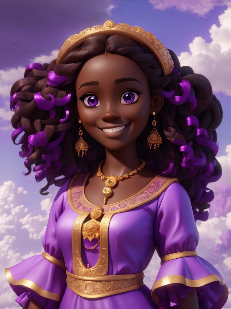 3D Style, (masterpiece), girl, dark skin, purple eyes, smile, posing for a picture, cloud  <lora:3d_render_style_xl:0.8>
