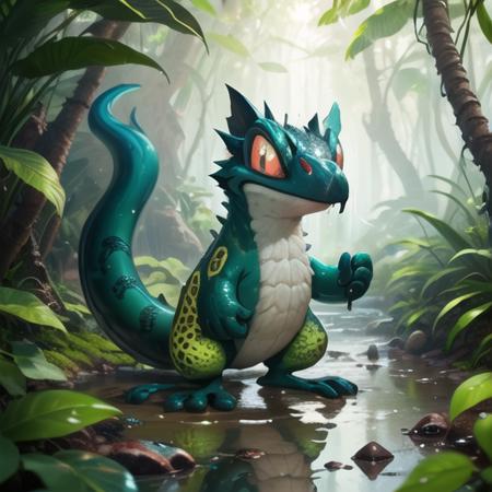 (8k, RAW photo, best quality, masterpiece:1.2), jungle, tropical forest, moisture, tail, green scales, red eyes, long tongue, puddles, steam, sweat, raindrops, vivid colors , techo, <lora:Techo:0.70>