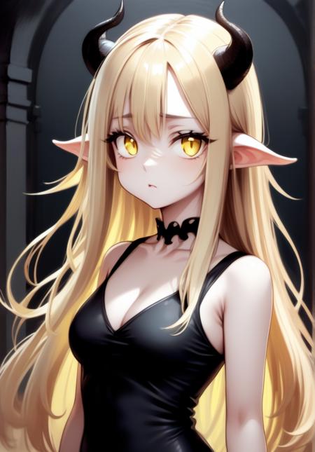 1girl, long hair, blonde hair, yellow eyes, demon horns, long hair,