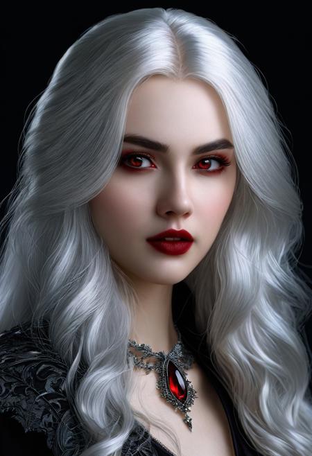 A 20 year old female vampire, 
devilishly beautiful with long silver hair, 
photo realistic