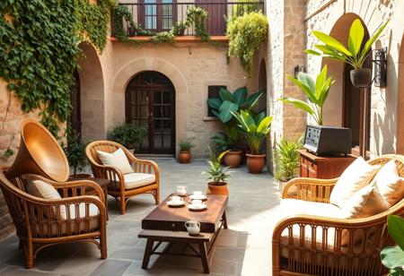 Mediterranean Courtyard Jazz Lounge – Sunlit Vintage Harmony Bathed in soft daylight and surrounded by rustic stone architecture, this enchanting Mediterranean courtyard transforms into a serene outdoor jazz sanctuary. Ivy cascades gently from the upper balcony, framing arched doorways that lead to cozy rooms beyond, while terracotta pots brim with lush greenery and vibrant tropical leaves. At the heart of this idyllic space is a thoughtfully arranged sitting area, where classic rattan armchairs and sofas with plush cream cushions invite quiet moments under the sun. The furniture is handcrafted with curved bamboo frames and cane weave details — a timeless nod to Mediterranean artisan style. In front of the seating, a solid walnut low coffee table sits atop the stone floor, adorned with a set of porcelain cups, a small fern, and vintage jazz vinyl sleeves scattered like memories of past afternoons. To one side, adding soul and sound to the ambiance, stands an exquisite vintage audio setup: A polished mahogany stereo cabinet, home to a brass-horn gramophone, tube amplifier, and a classic turntable spinning smooth jazz records. A pair of floor-standing wooden speakers with dark fabric grills flank the system, spreading warm analog tones across the courtyard. Next to the sound system, a tall ceramic jug overflows with blooming sunflowers, their golden faces turned toward the light like a tribute to joy. A second bouquet, arranged in a glass vase on a nearby bench, adds