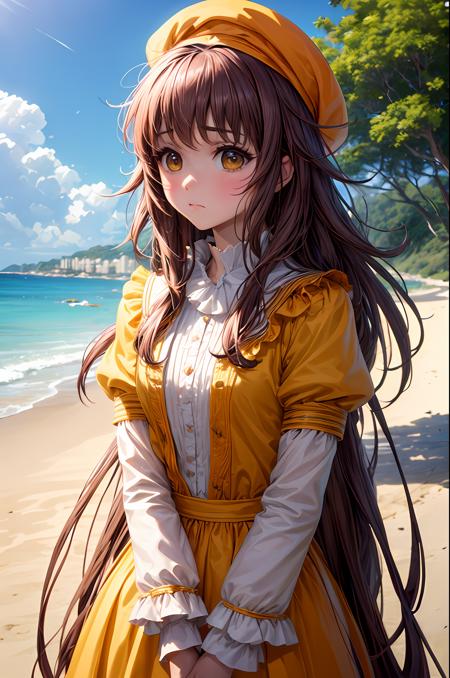 (exceptional, best aesthetic, new, newest, best quality, masterpiece, extremely detailed), 1girl, solo, hanatokobato, absurdly_long_hair, blush, embarrassed, yellow_dress, beret, looking_at_viewer, beach