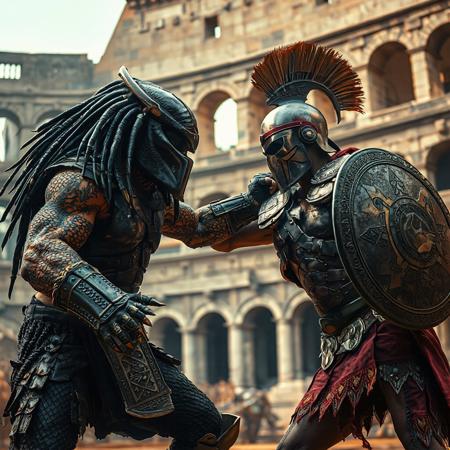 a predator (from predator movies) fighting with a roman gladiator in the coliseum