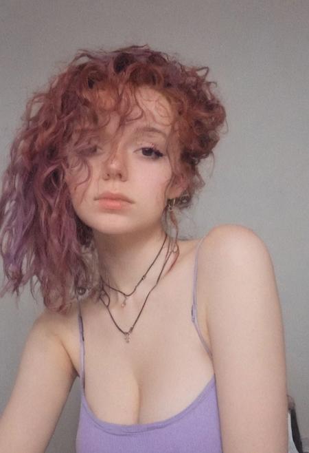 woman, egirl_pfp, polaroid
<lora:egirl_pfp:1>, Molly, MJ, auburn hair, greyish violet tank top, violet spaghetti strap tank top, cleavage, polaroid photo, large boobs