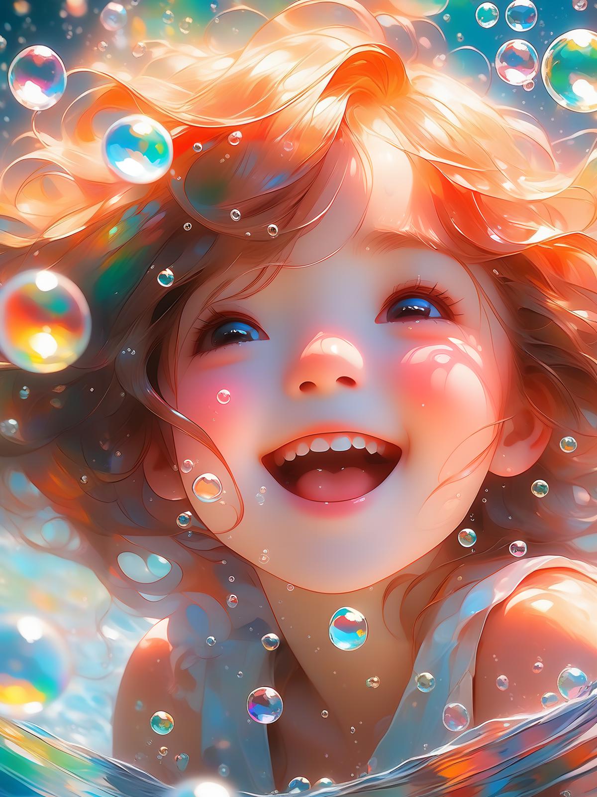 A smiling girl in a drawing with bubbles around her and a flower in her hair.