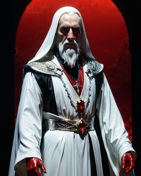 noble and pure dignified full body Saruman in an illuminated white robe,  light shining through robe and hair, transparency, shadows, long white beard, hood, water, reflections, pure white tower, light shining through CALCITE, silver, chrome, closeup highly detailed illuminated face, light shining through gemstone of semi-precious stone, jewels, Kay Nielsen, arch, volumetric lighting, prismatic effect, blood red background, dead black landscape, <lora:add-detail-xl:1.0>  <lora:xl_more_art-full_v1:0.5>