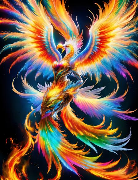 hyper detailed masterpiece, dynamic, awesome quality,DonMSp3ctr4l,vibrant spectral,ifrit, mythical powerful bird, in flames, vibrant colors,, large and majestic wings long flowing tail feathers, resplendent radiant plumage immortality, renewal, rebirth, sun and fire, confusing  <lora:DonMSp3ctr4l-000008:0.8>