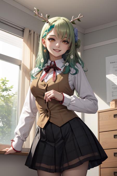 masterpiece, best quality, absurdres, perfect anatomy, 1girl, solo, Ceres Fauna, antlers, long hair, braided bangs, hair flower, indoors, school, large breasts, smile, HomuraharaFemale, collared shirt, brown vest, long sleeves, black skirt, <lora:HomuraharaUniform:1>