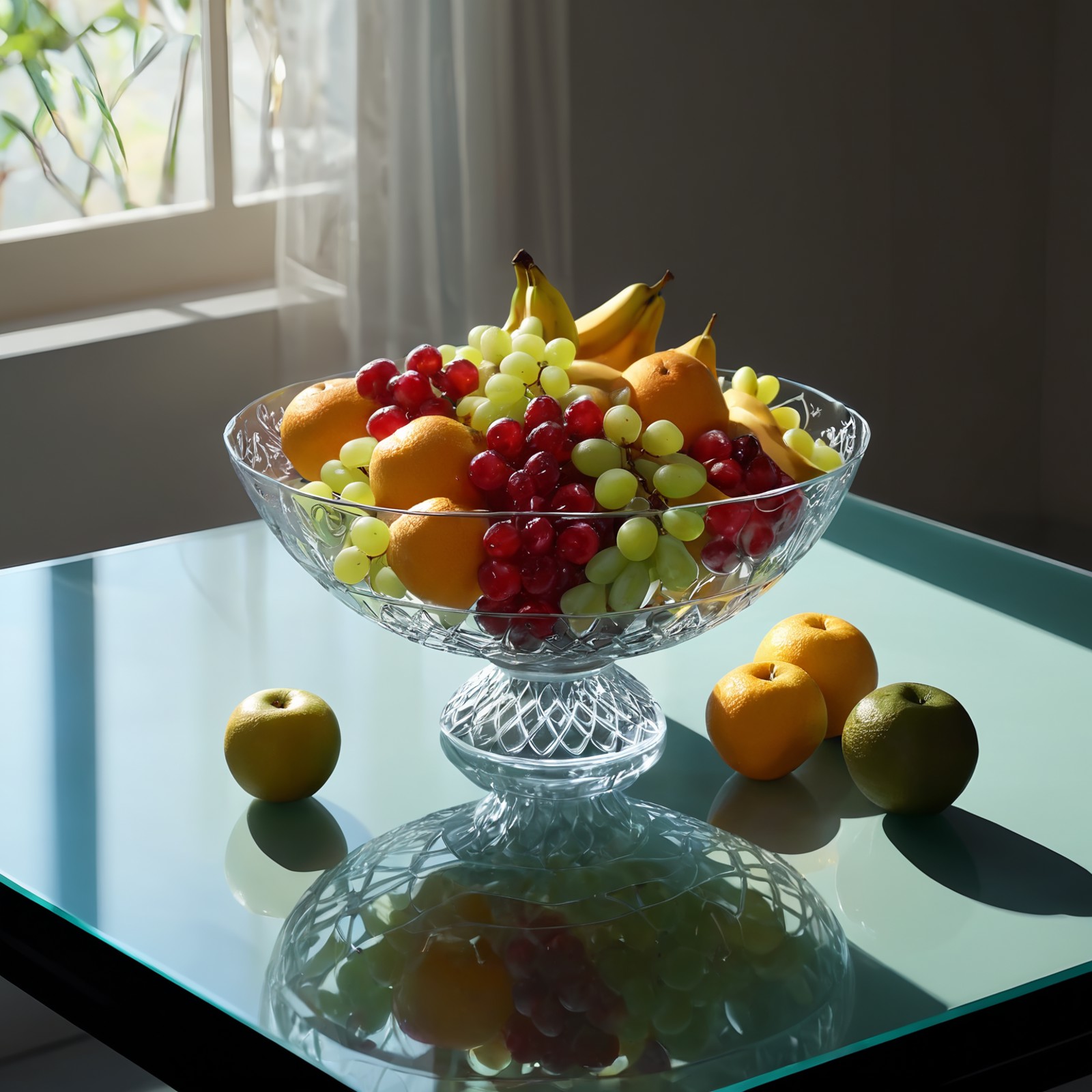 A bowl of fruit on a glass table
(masterpiece:1.2), (best quality:1.2), ultra-detailed, best shadow, detailed background, ...