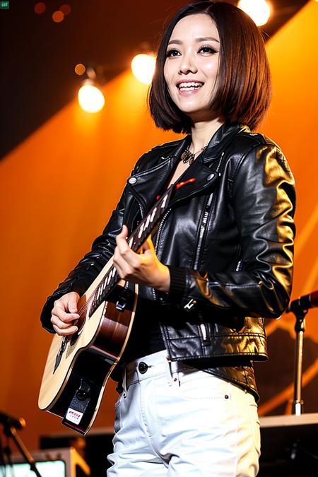 best quality, ultra high res, (photorealistic:1.4), masterpiece, Concert background,1girl,detailed eyes,hair decoration,trendy expression,jacket,top,pants,(style:1.5),standing,On stage,Play the guitar,sing(looking at viewer), <lora:yaobeina:0.8>