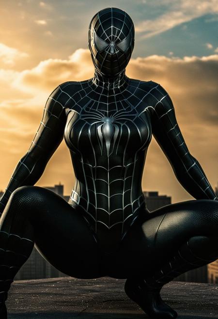 score_9, score_8_up, score_7_up, best quality, realistic, masterpiece, beautiful detail, hyperrealistic, afternoon sky, ((1girl, woman body, big breasts)), amazing detailed full body portrait of a beautiful girl, wearing a realistic and highly detailed black raimi spider-man suit , wears black spiderman mask, ((huge muscular girl)), (sitting, spread legs), suit covered entire body and hand, black spiderman gloves, (full body), (dirty skin), close up, octane render, highly detailed, volumetric, dramatic lighting, (highest quality:1.1), (HDR:1.3), (top quality, best quality), realistic, high definition,