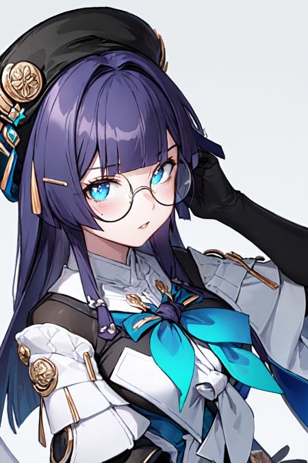 masterpiece, best quality, PelaV4, 1girl, solo, looking at viewer, blush, simple background, gloves, hat, white background, glasses, black gloves, blunt bangs, black headwear, piercing,  blue neckerchief, <lora:PelaV4-06:1>